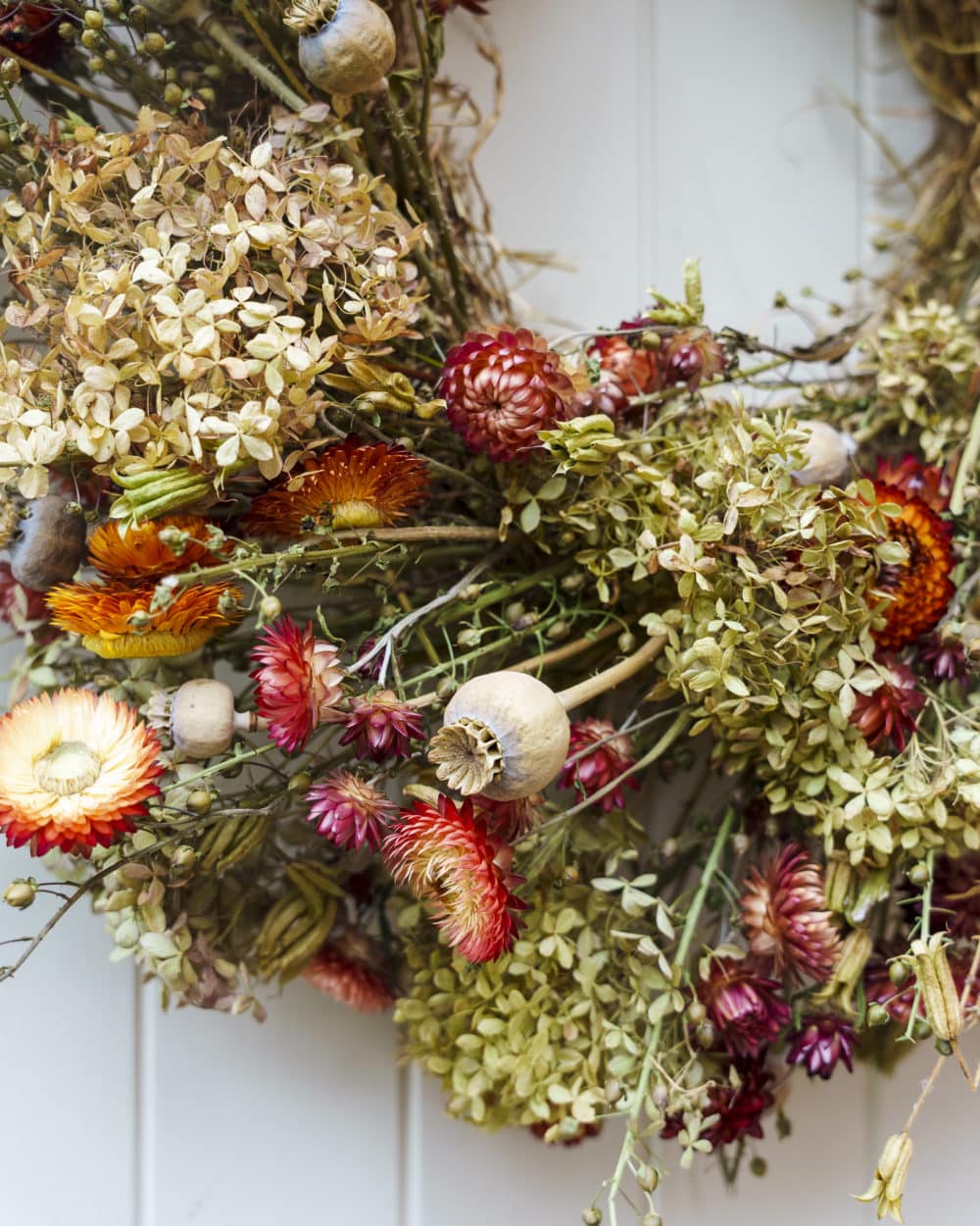 closeup of sustainable everlasting autumn wreath