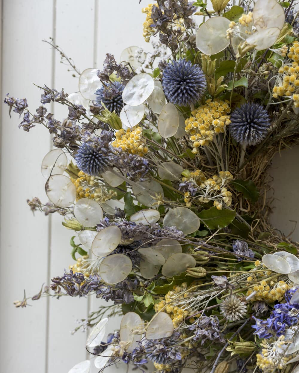 sustainable dried summer flower wreath closeup